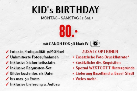 KID's-BIRTHDAY (2h Mo bis Sa): Fotobox, Fotos in Profiqualität, Unlimitierte Fotoaufnahmen, Fotos kostenlos als Datei, inkl. Support, Live Fotogalerie mit QR-Code (WLAN nötig), inkl. 50 Fotoausdrucke, Lieferung, Auf- und Abbau - für 80.- CHF  (weitere zusätzliche Optionen möglich)